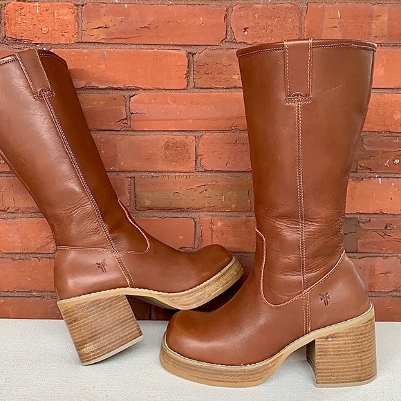 SOLD FRYE Dorian Vintage Y2K Platform Chunky Heel Sole Zippered Brown Boots, 9 - Picture 2 of 14